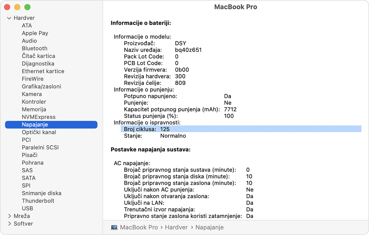 Prozor s informacijama o sustavu MacBook Pro s označenim brojem ciklusa punjenja baterije