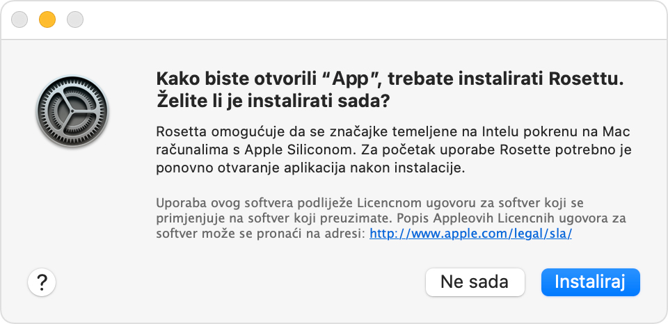 Upozorenje: da biste otvorili aplikaciju, morate instalirati Rosettu. Želite li je instalirati sada?