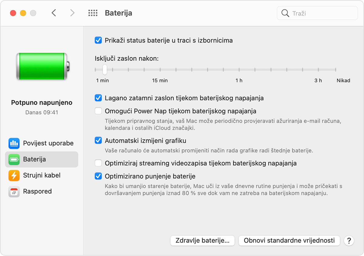 Prozor za postavke baterije u macOS sustavu s odabranom stavkom „Automatic graphics switching”