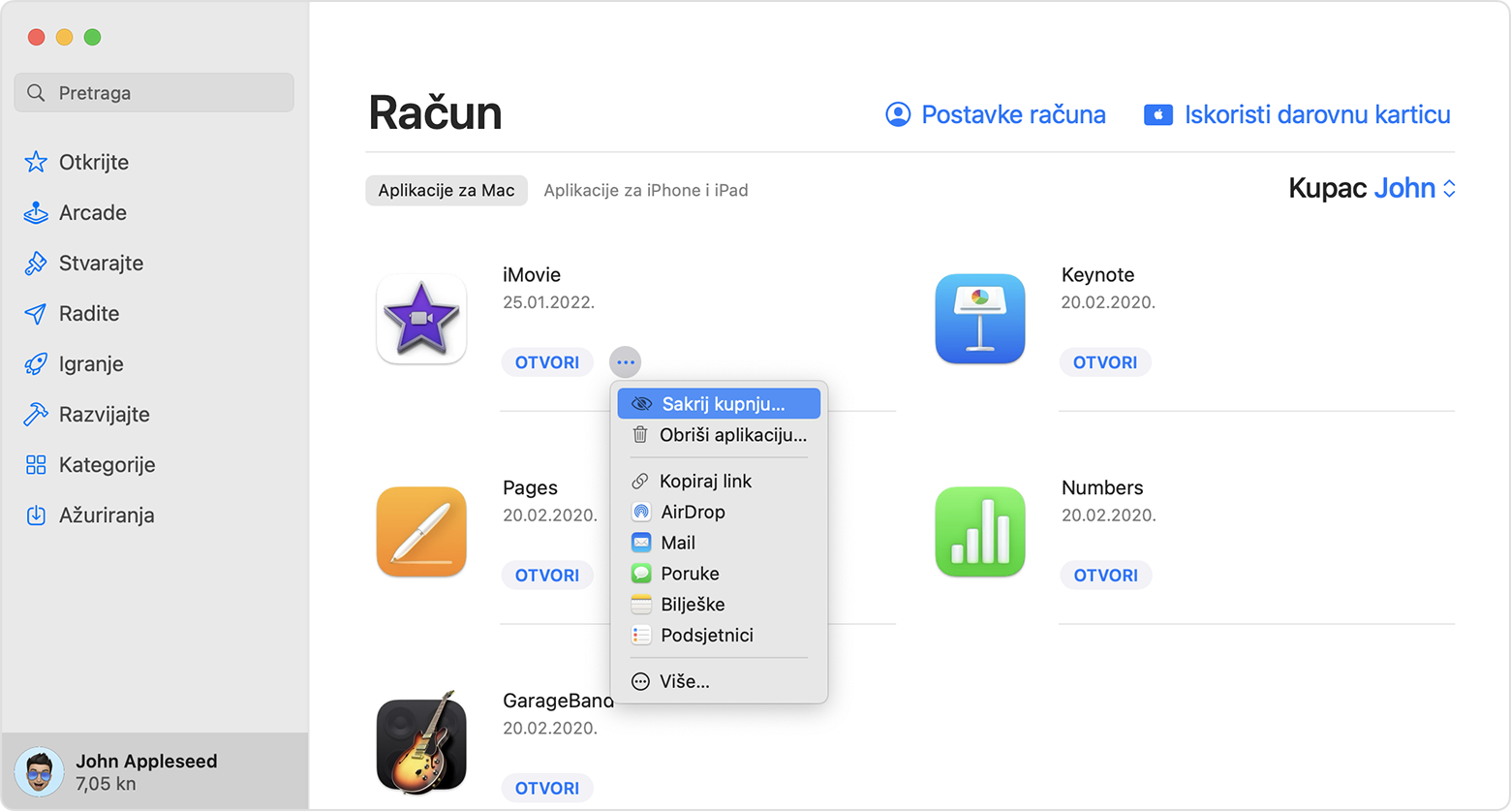 App Store na Mac računalu s izbornikom koji se javlja nakon što odaberete gumb Dodatne opcije. Odabrana je stavka Sakrij kupnju.
