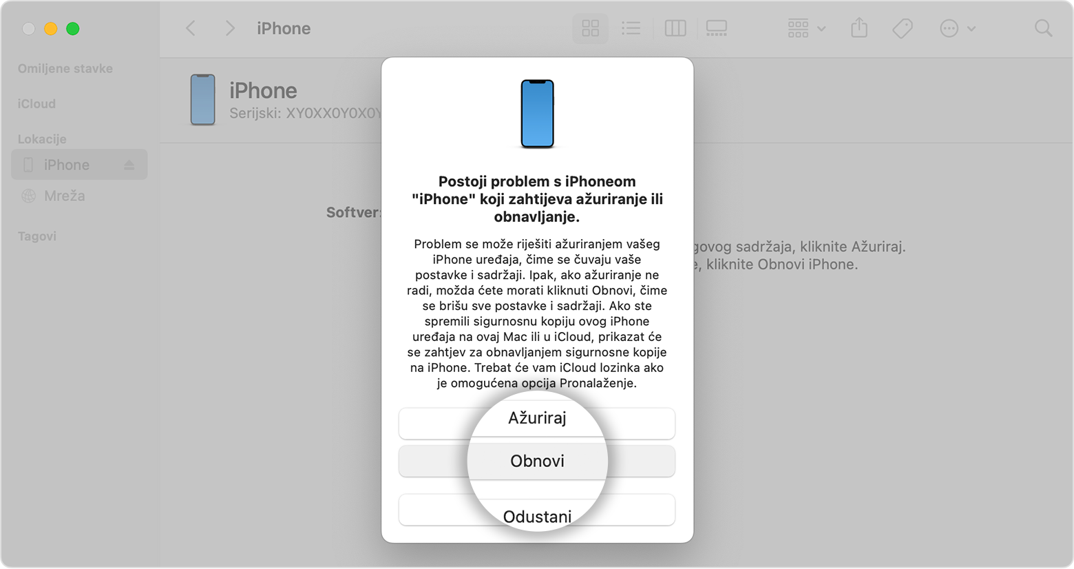 Oporavak iPhone uređaja možete obaviti putem programa Finder nakon što iPhone povežete s računalom