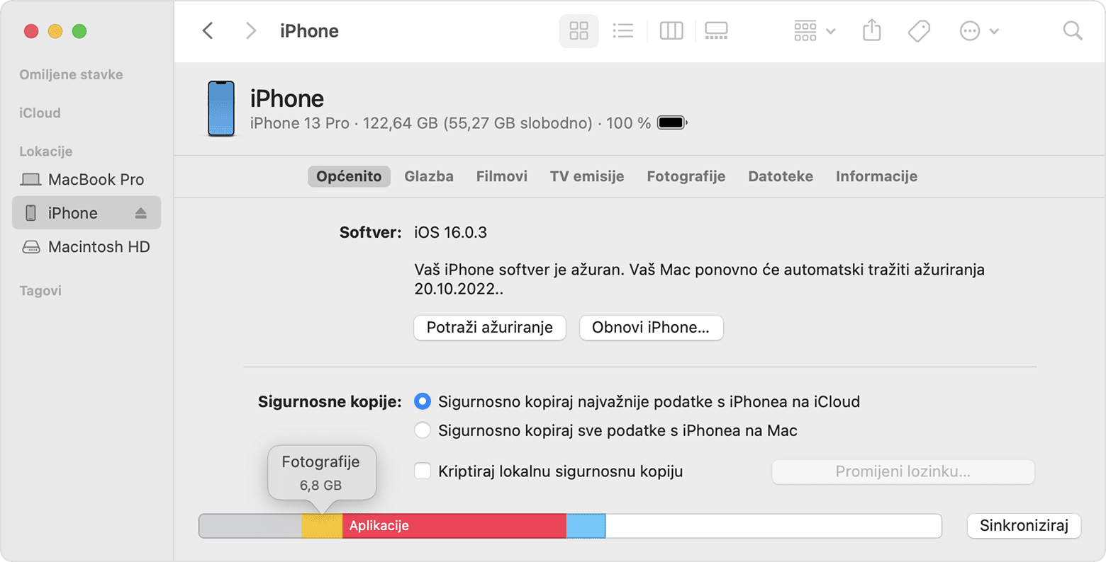 Na zaslonu Mac računala prikazuje se kako uz pomoć Findera provjeriti memoriju iOS uređaja
