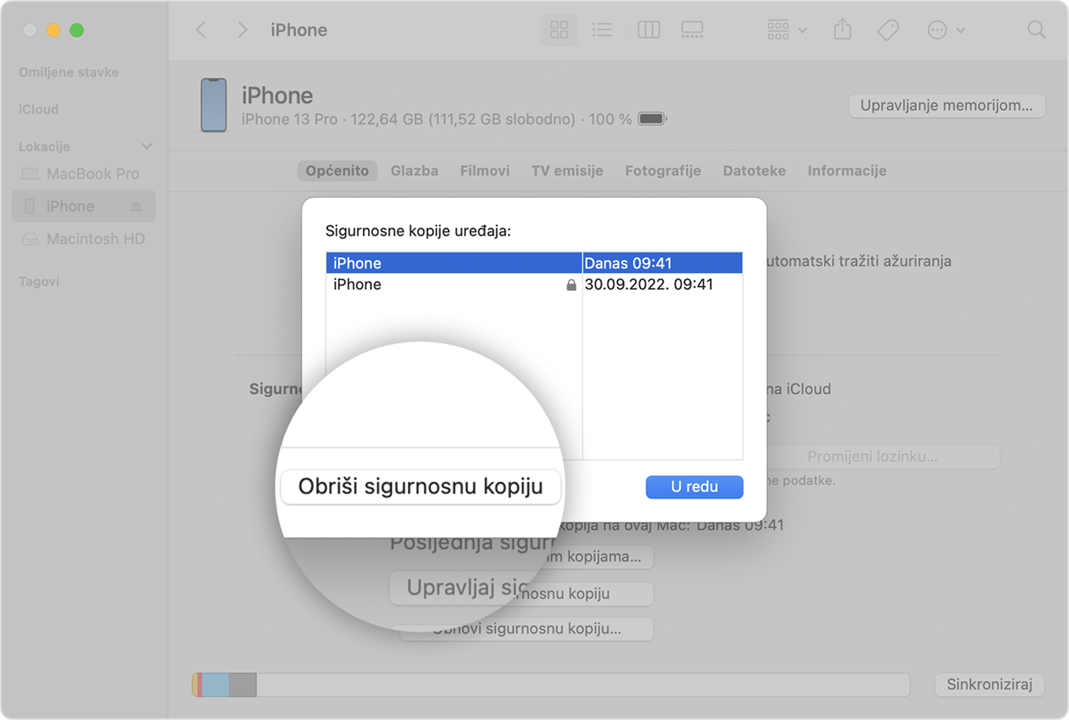 Na zaslonu Mac računala prikazuje se kako izbrisati sigurnosne kopije