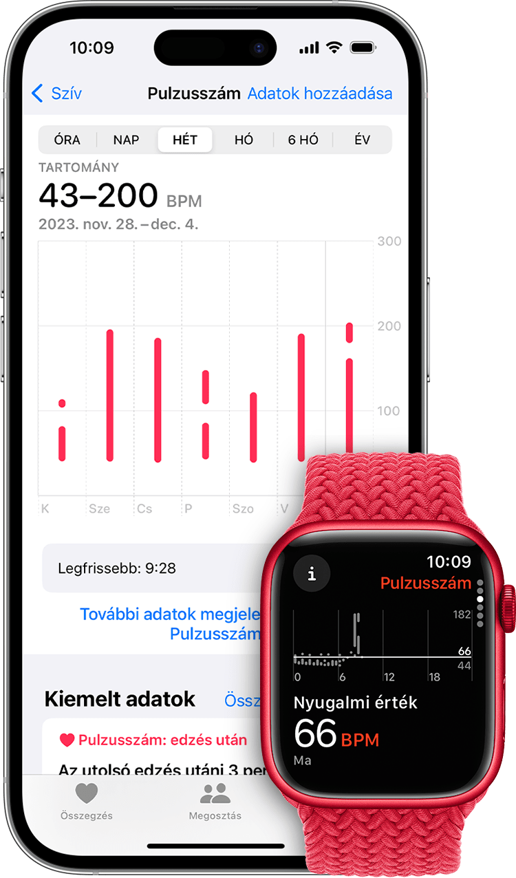 Pulzusszámok az Egészség alkalmazásban iPhone-on és nyugalmi pulzusszám az Apple Watch alkalmazásában