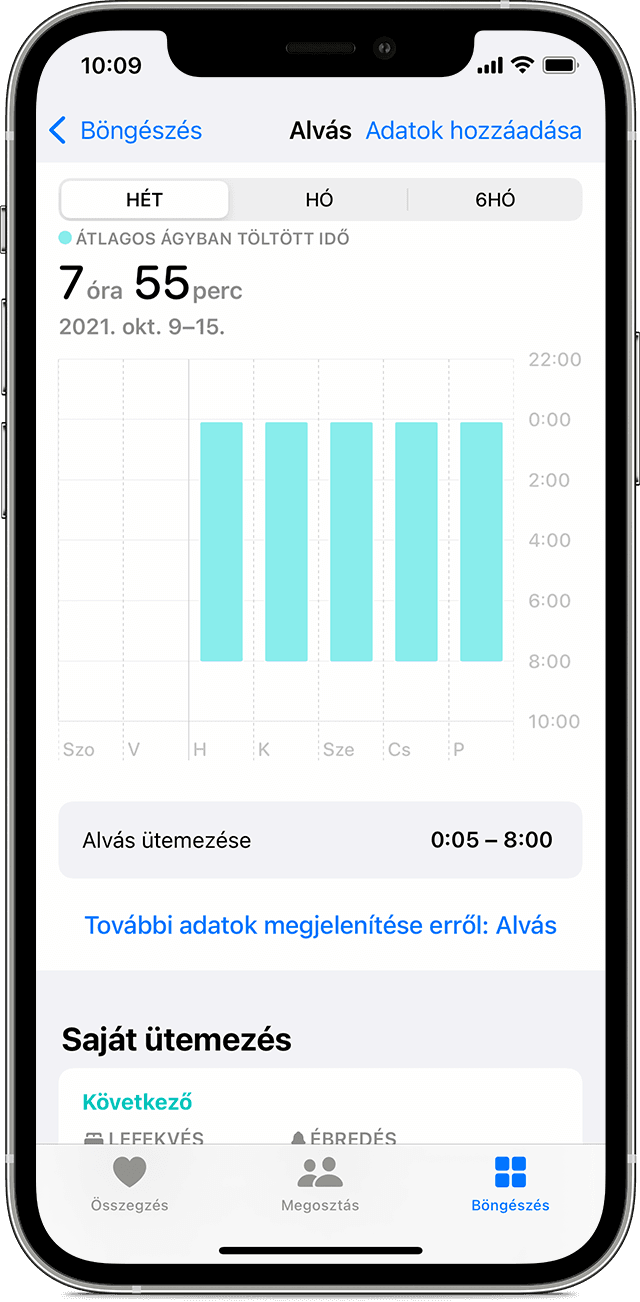 Egy iPhone képernyője, amelyen az alvási adatok grafikonja látható