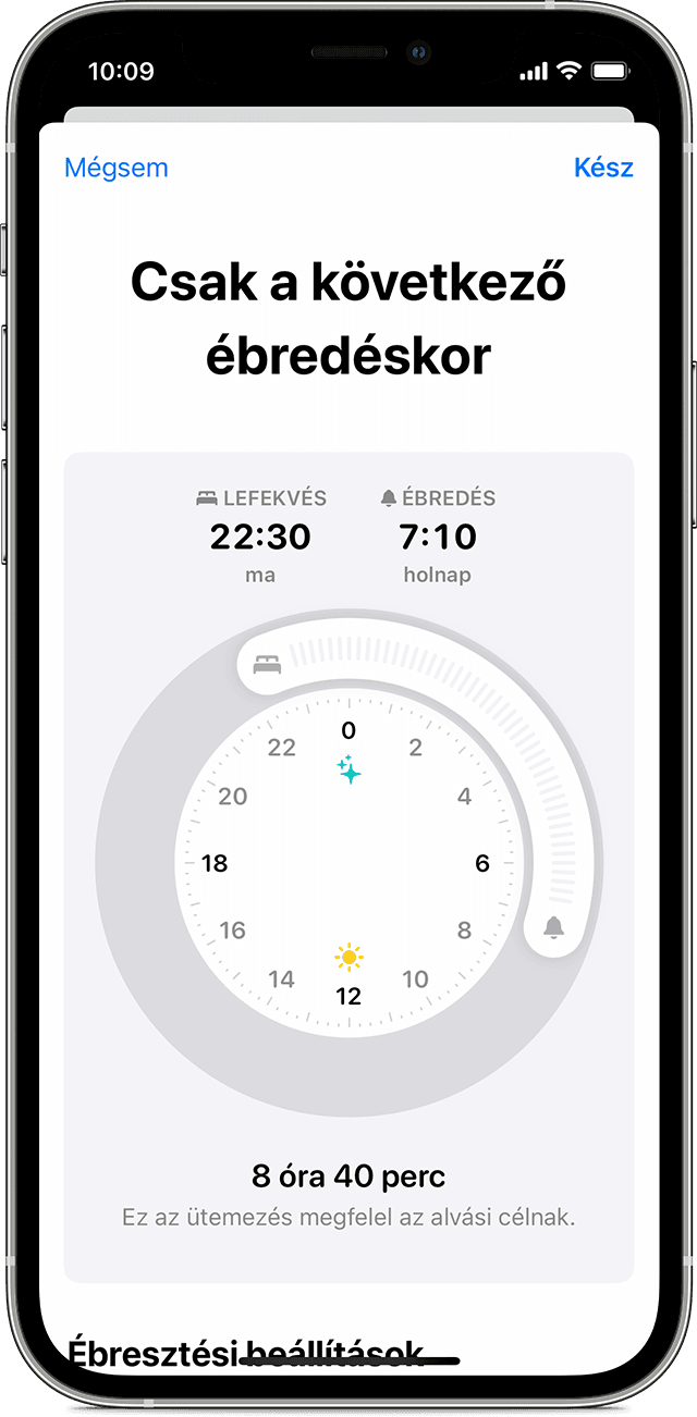 Egy iPhone képernyője, amelyen a Csak a következő ébredéskor funkció beállítási lehetőségei láthatók