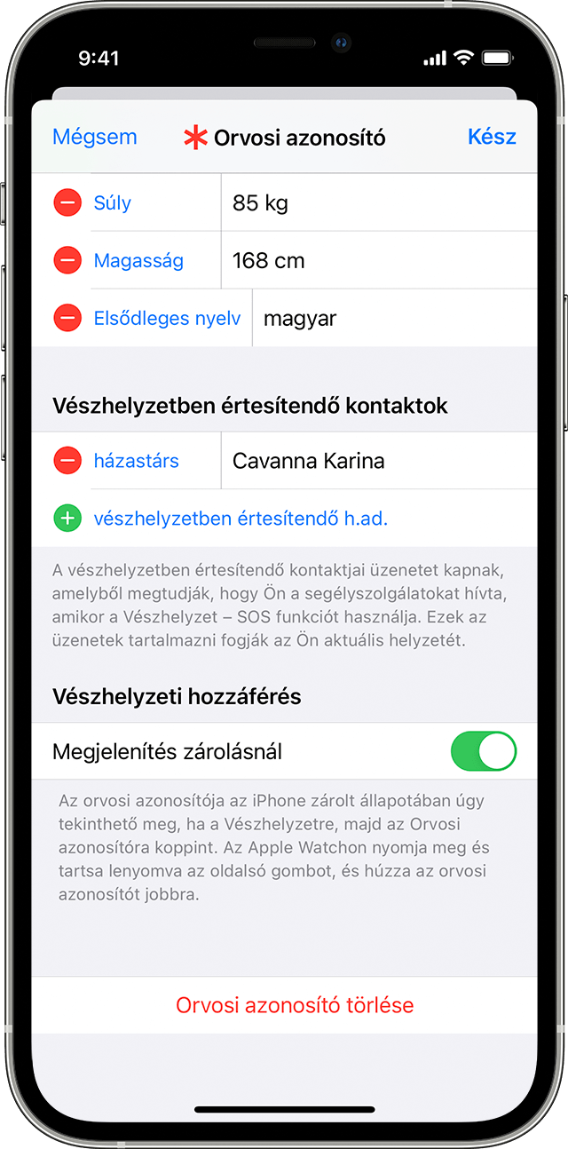 Egy iPhone, amelyen az Orvosi azonosító beállítási képernyője látható, ahol megadhatja a vészhelyzeti kontaktokat.