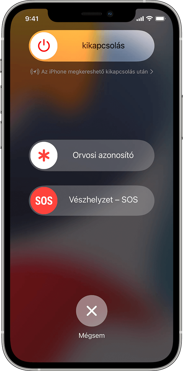 Egy iPhone, amelyen a kikapcsoló csúszka, az Orvosi azonosító csúszka és a Vészhelyzet – SOS csúszka látható.