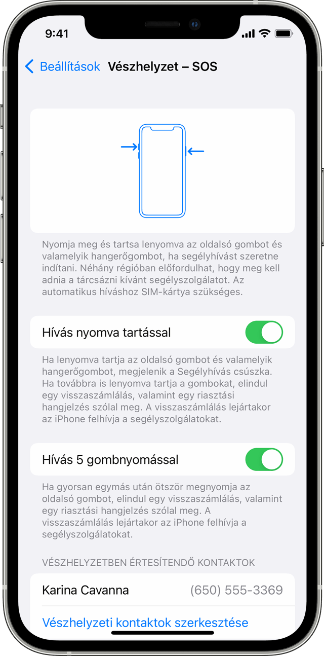 Egy iPhone, amelyen a Vészhelyzet – SOS képernyő látható, ahol engedélyezheti, hogy a telefonja automatikusan hívja a sürgősségi szolgálatokat.