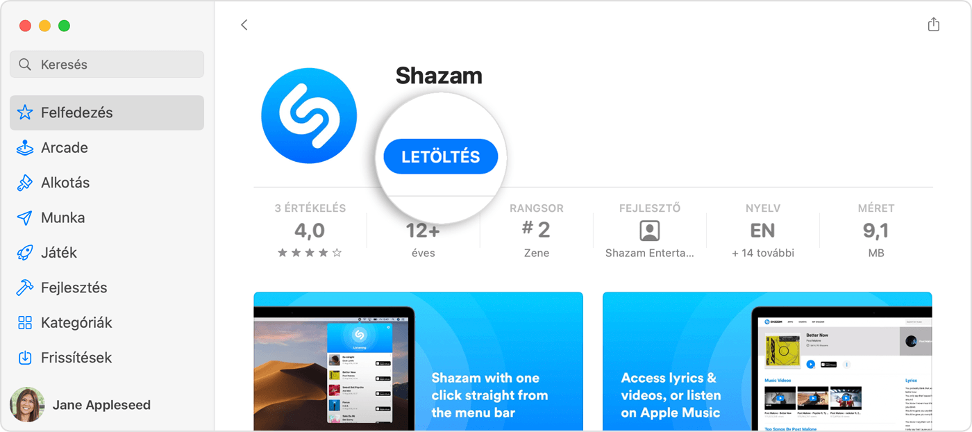Egy Macen elérhető App Store, amelyben a Shazam alkalmazás termékoldala, és ezen a kék Letöltés gomb látható.