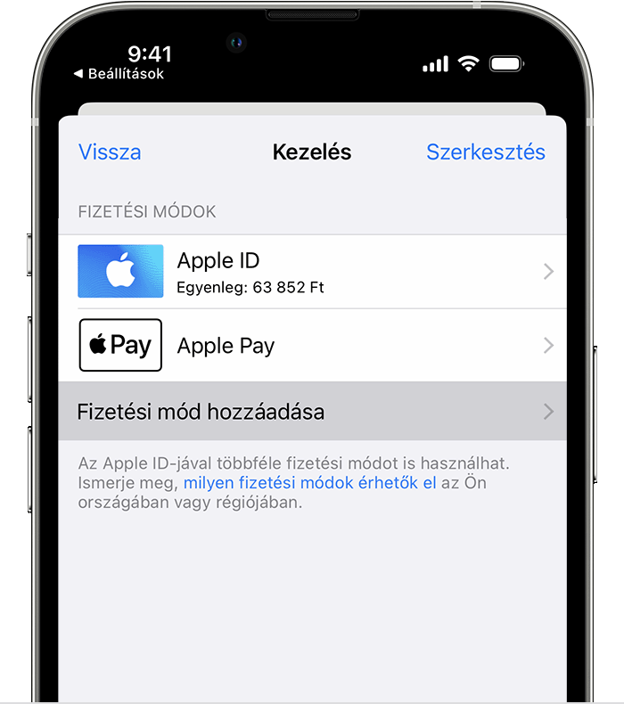 Egy iPhone-on a Fizetési mód hozzáadása gomb látható a fizetési módok listája alatt.