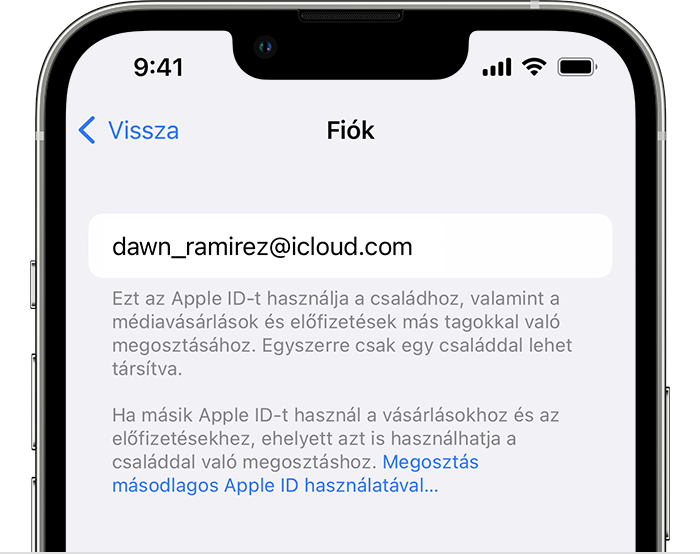 A Megosztás másodlagos Apple ID használatával... kék színű szöveg.
