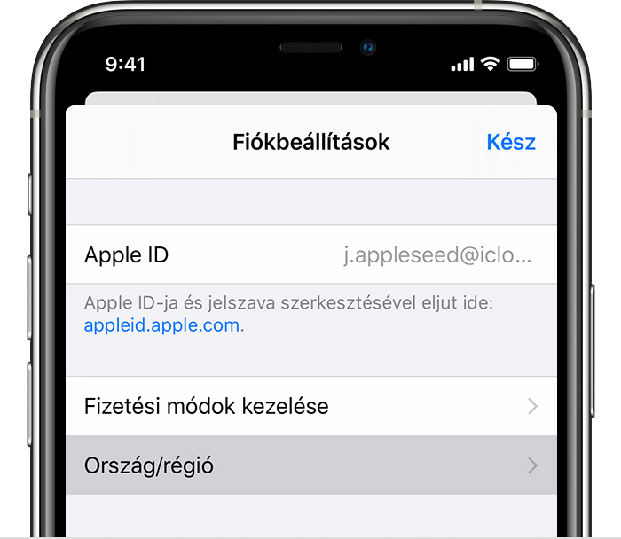 Egy iPhone-on a Fiókbeállítások oldal látható.