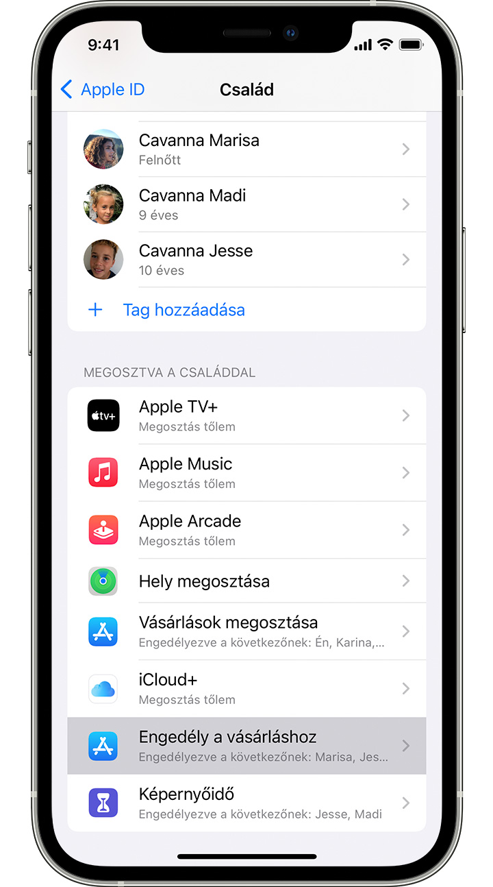 A iPhone beállításaiban láthatjuk, hogy az Engedély a vásárláshoz funkció engedélyezve van Marisa, Jesse és Madi esetében.