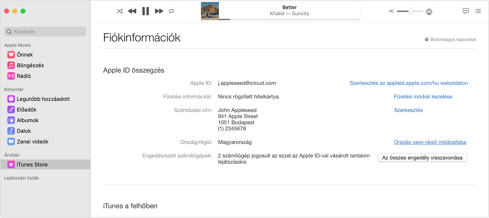 Egy Macen a Fiókinformációk oldal látható.