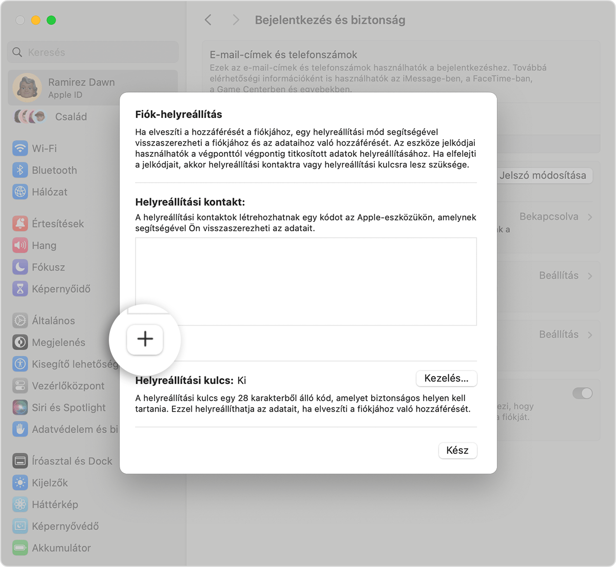 Egy Mac képernyője, amelyen egy Helyreállítási kontakt hozzáadása látható