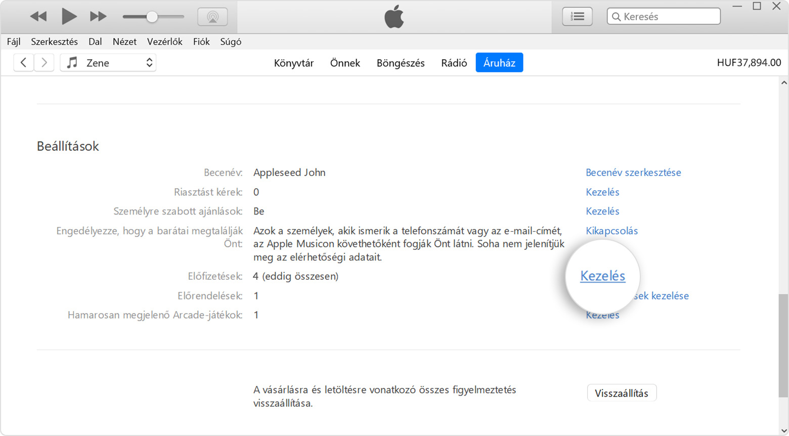 Az előfizetések melletti Kezelés gomb az iTunes PC-verziójában.