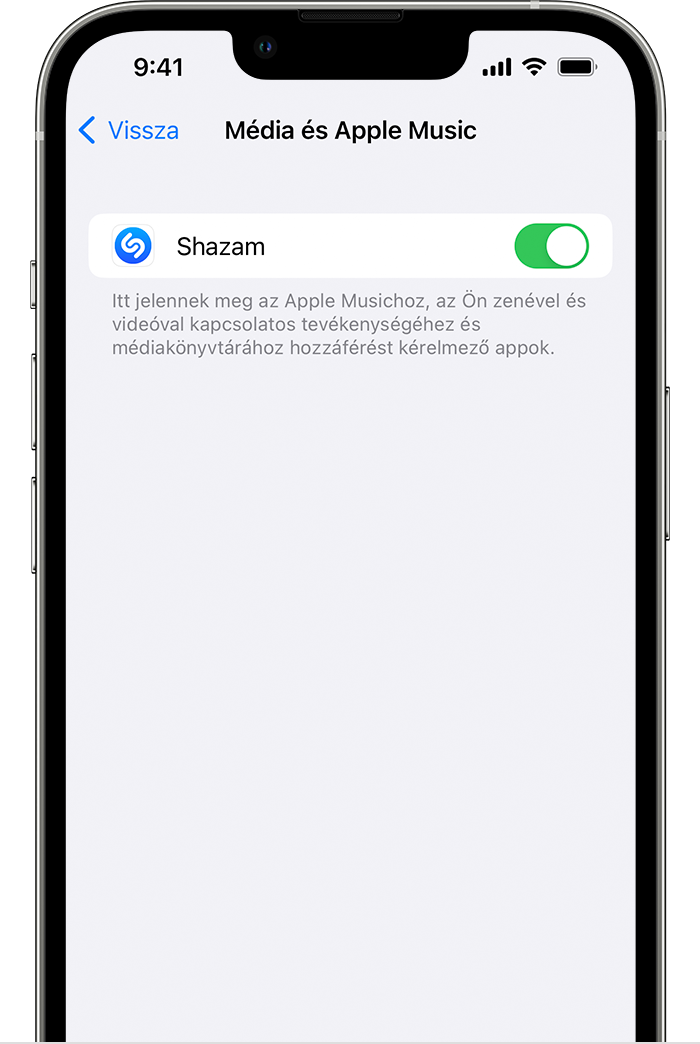 Egy iPhone képernyőjén a Média és Apple Music elem látható.