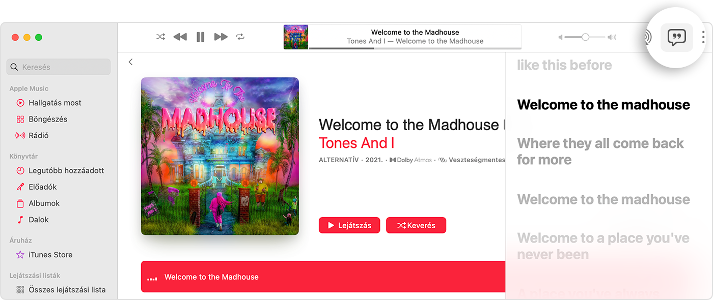 A Macen futó Apple Music alkalmazás, amelyben a Dalszöveg gomb és a dallal szinkronizált dalszöveg látható