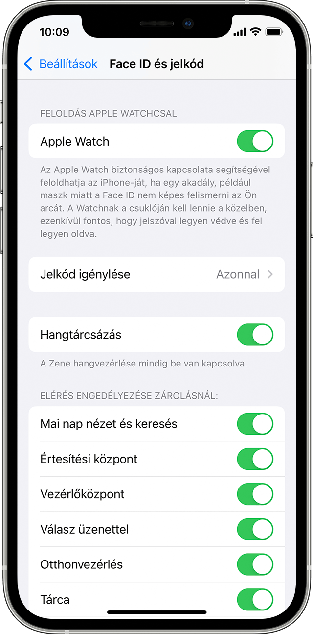 iOS-képernyőkép a Face ID és a Jelkód beállítási lehetőségeivel.