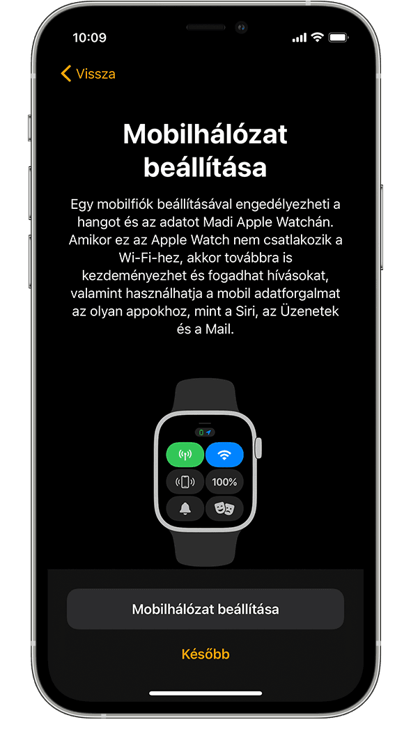 A Mobilhálózat beállítása képernyő az Apple Watch iPhone-on való beállításakor.