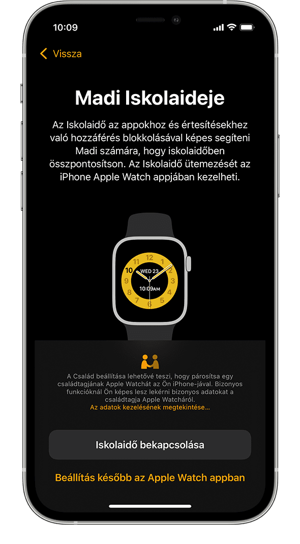 Az Iskolaidő funkció az Apple Watch iPhone-on történő beállításakor.