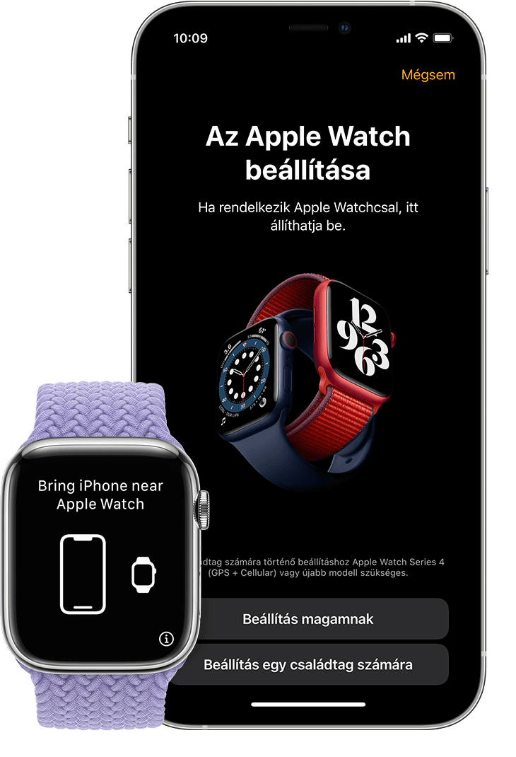 Az új óra párosításakor megjelenő kezdeti beállítási képernyő az iPhone-on és az Apple Watchon.