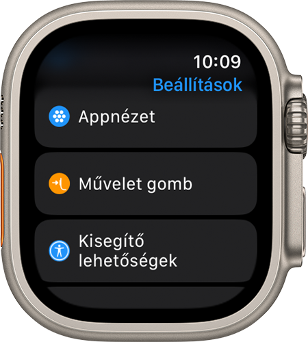 Egy Apple Watch Ultrán a Beállítások app látható