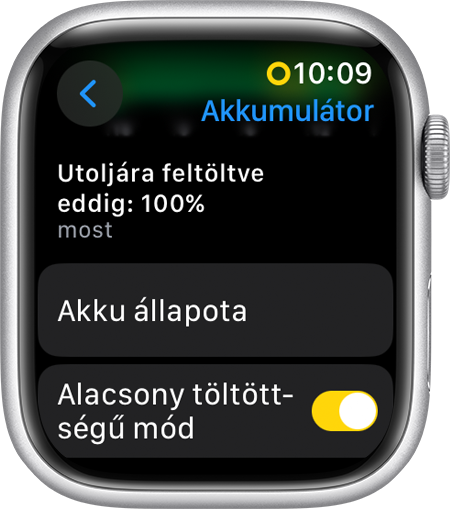Az Apple Watchon az Alacsony töltöttségű mód opció látható a Beállításokban