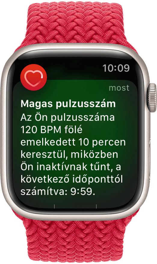Egy Apple Watch, amelyen a Magas pulzusszám értesítés látható