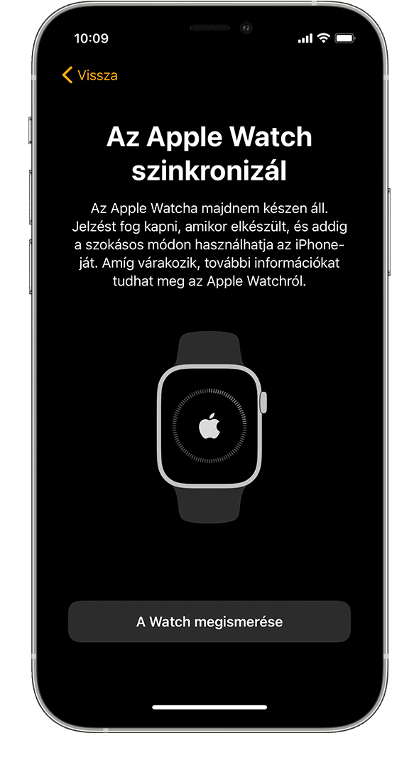 Egy iPhone, amelyen az Apple Watch szinkronizálási képernyője látható