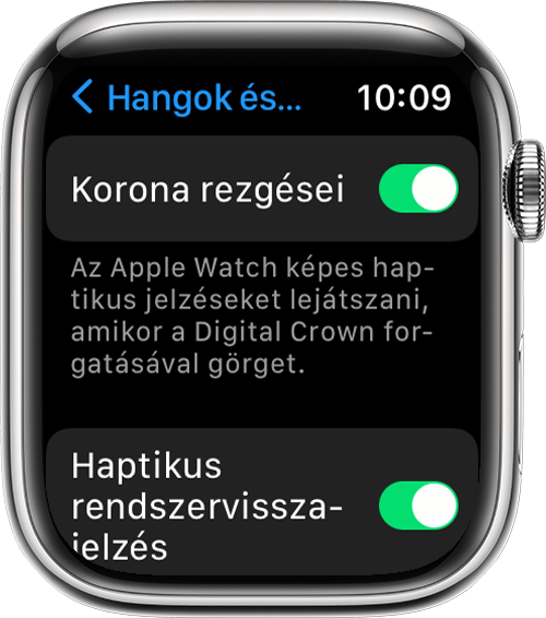 Egy Apple Watch, amelyen a Korona rezgései és a Haptikus rendszervisszajelzés beállítások láthatók a Hangok és haptikus jelzések képernyőn a Beállításokban