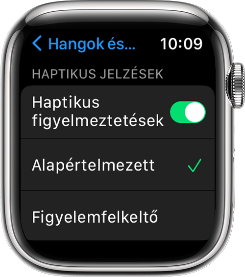 Egy Apple Watch, amelyen a Hangok és haptikus jelzések képernyő látható a Beállításokban