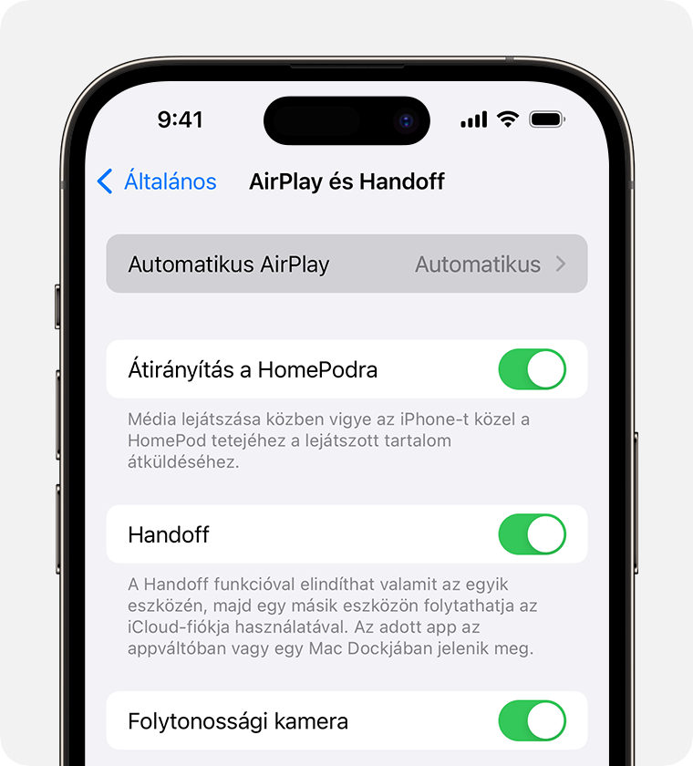 Az iPhone AirPlay és Handoff menüjében az Automatikus érték van kiválasztva az Automatikus AirPlay beállításhoz