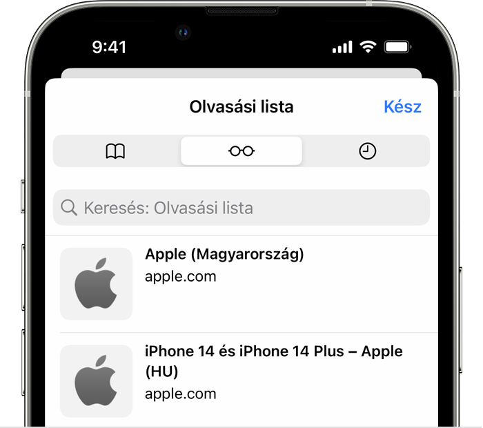 Egy iPhone, amelyen a Safari Olvasási lista látható