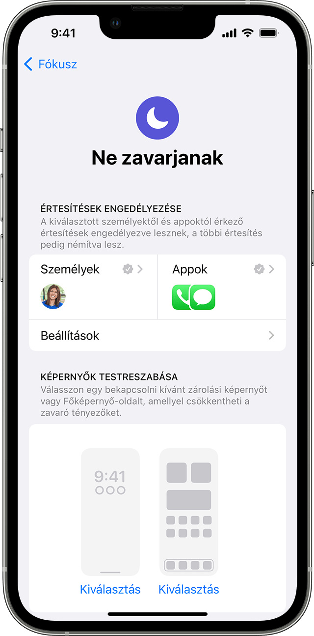 A Ne zavarjanak funkció beállításainak a módosítását bemutató iPhone-képernyő