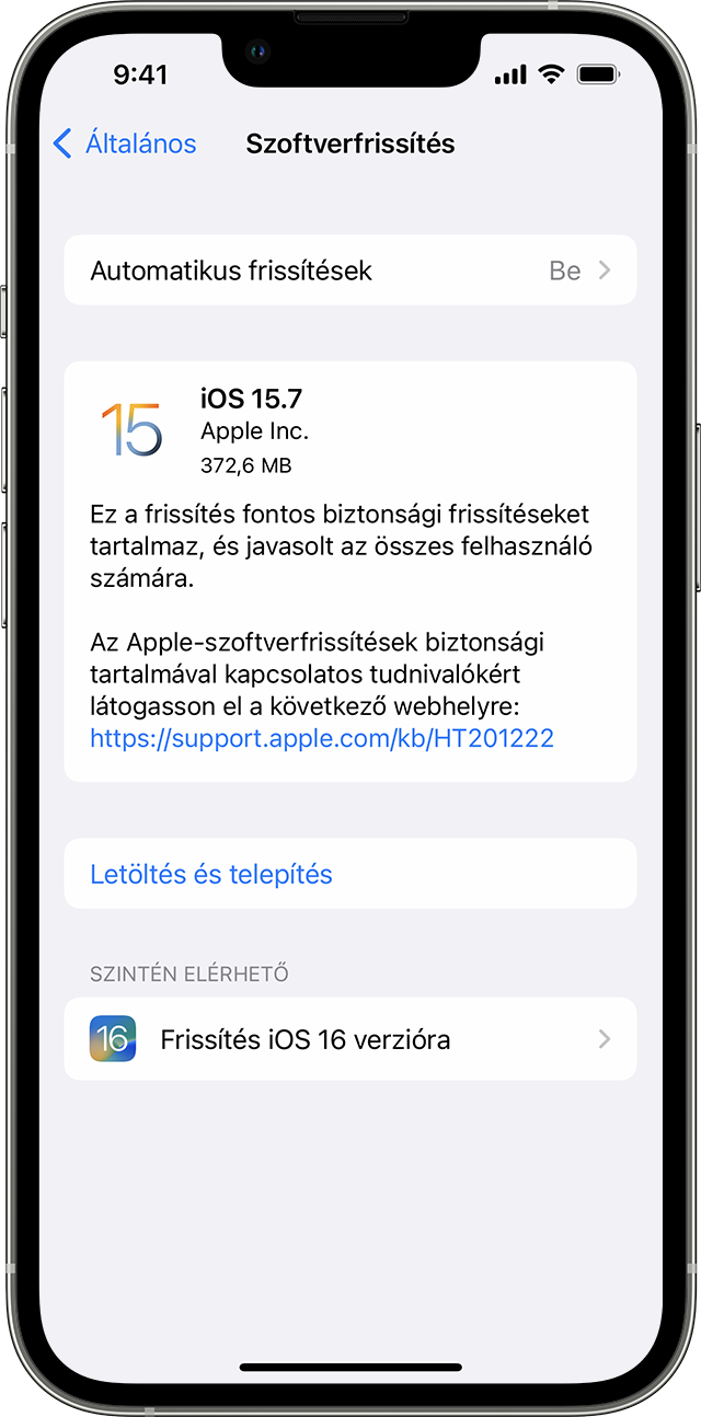 A Beállítások app iPhone-on, amelyben két lehetőség látható: frissítés az iOS 15.7-es vagy az iOS 16-os verziójára.