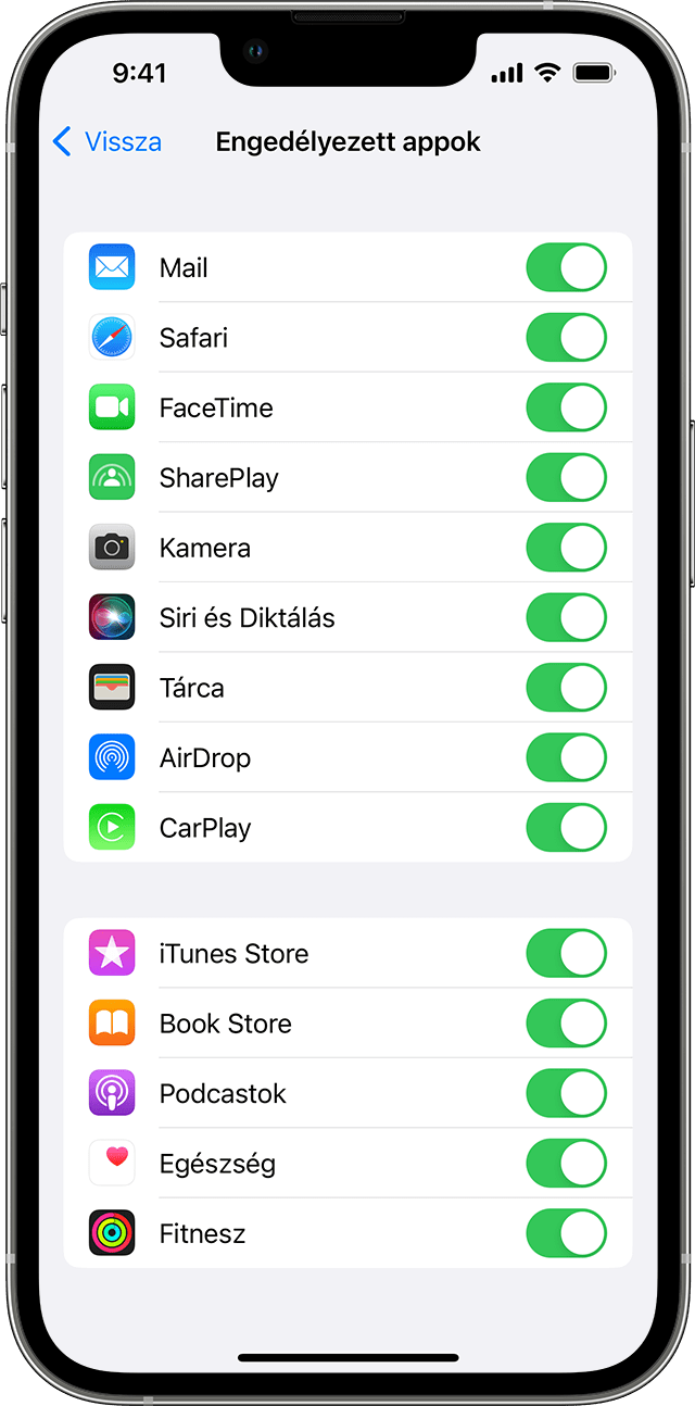 Egy iPhone, amelyen az Engedélyezett appok képernyő látható. A kiválasztott alkalmazások kapcsolója be van kapcsolva.