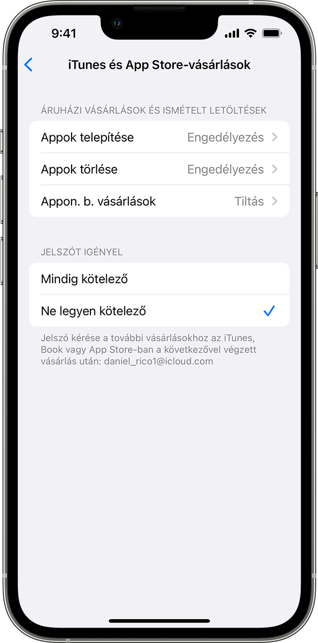 Egy iPhone, amelyen az iTunes- és App Store-vásárlások képernyője látható. A Jelszót igényel részben a Ne legyen kötelező beállítás van kijelölve, mellette pedig egy pipa látható.