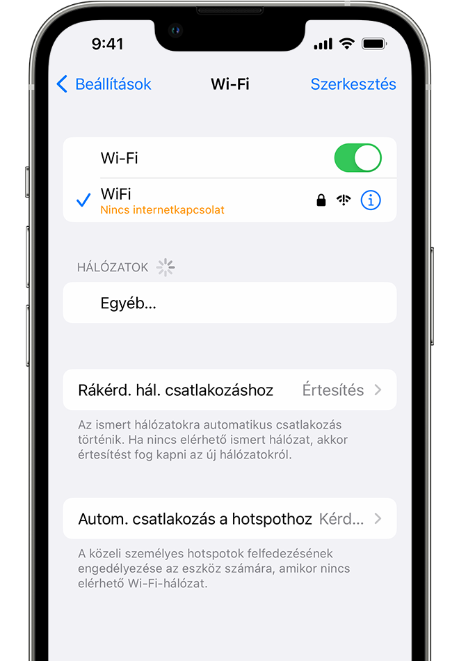 Egy iPhone, amelyen a Wi-Fi képernyő látható. A Wi-Fi-hálózat neve alatt egy figyelmeztető üzenet látható.