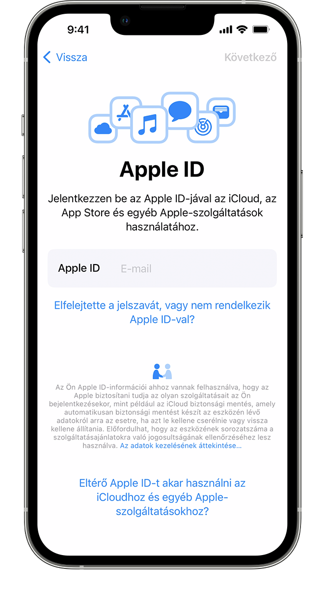 Egy új iPhone-on az Apple ID képernyő, ahol bejelentkezhet az Apple ID és a jelszó segítségével.