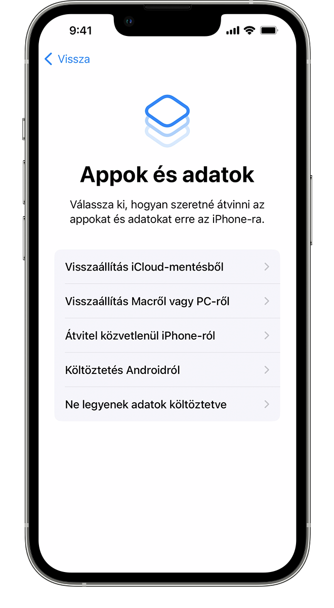 Egy új iPhone-on az Appok és adatok képernyő, ahol kiválasztható az adatátviteli módszer.