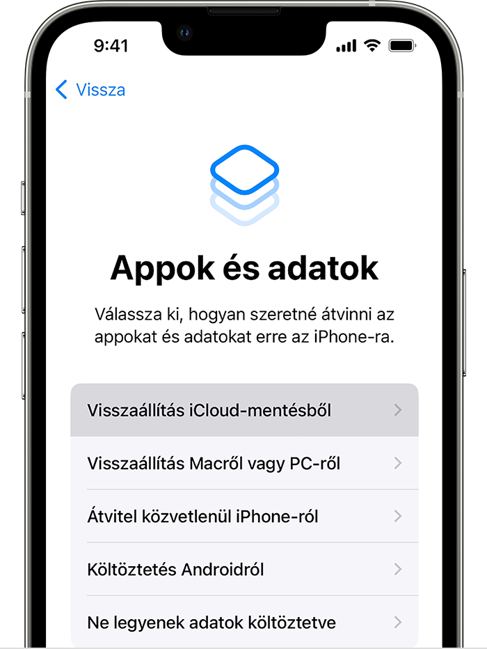 Egy iPhone, amelyen az Alkalmazások és adatok képernyő látható, és az első lehetőség, a Visszaállítás iCloud-mentésből van kiválasztva.