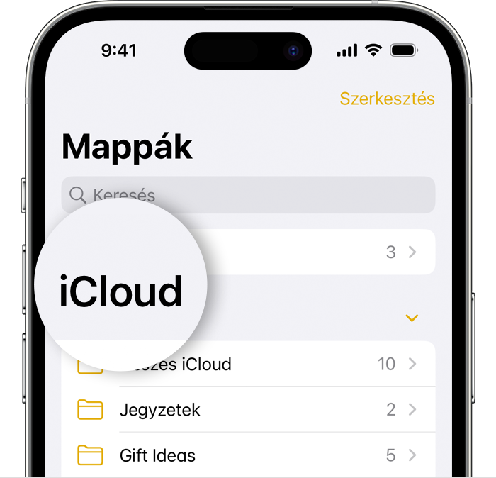 Egy iPhone, amelyen a Jegyzetek alkalmazás Mappák képernyője jelenik meg, az iCloud mappát előtérbe helyezve