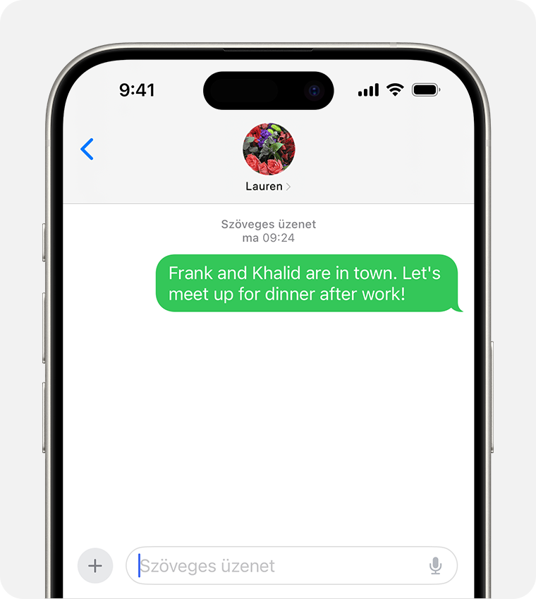 Egy iPhone képernyője, amelyen egy SMS-/MMS-üzenet látható