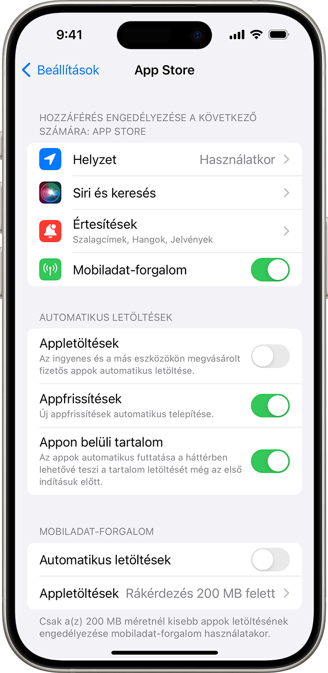 Egy iPhone képernyője, amelyen az App Store beállításai láthatók a Beállítások alkalmazásban, Appfrissítéseket is beleértve.