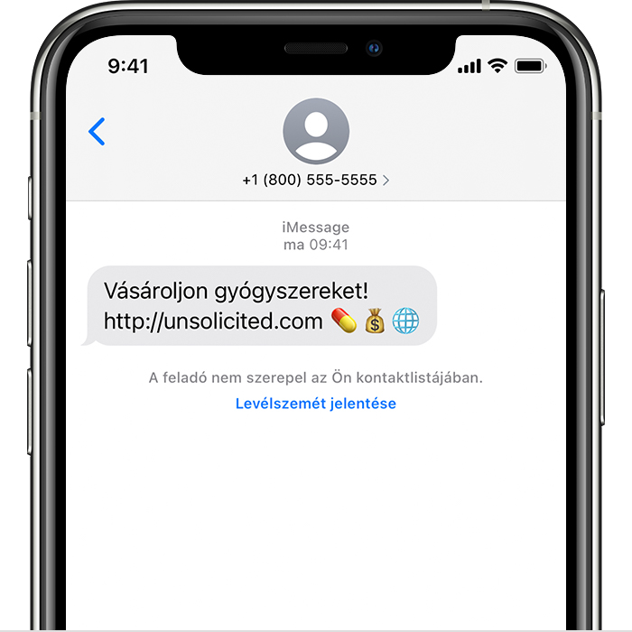 iPhone, amely bemutatja, hogyan kell jelenteni a levélszemetet az Üzenetek alkalmazásban