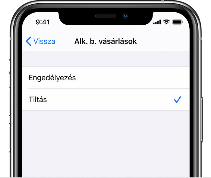 Az iPhone Beállítások képernyője, amelyen az Alkalmazáson belüli vásárlások lehetőségnél a „Tiltás” érték van beállítva