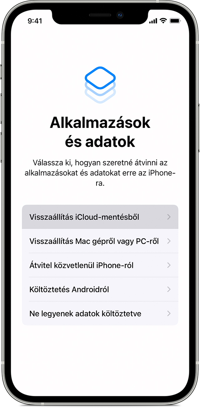 iPhone, amelyen az Alkalmazások és adatok képernyő látható, és a Visszaállítás iCloud-mentésből lehetőség van kiválasztva.