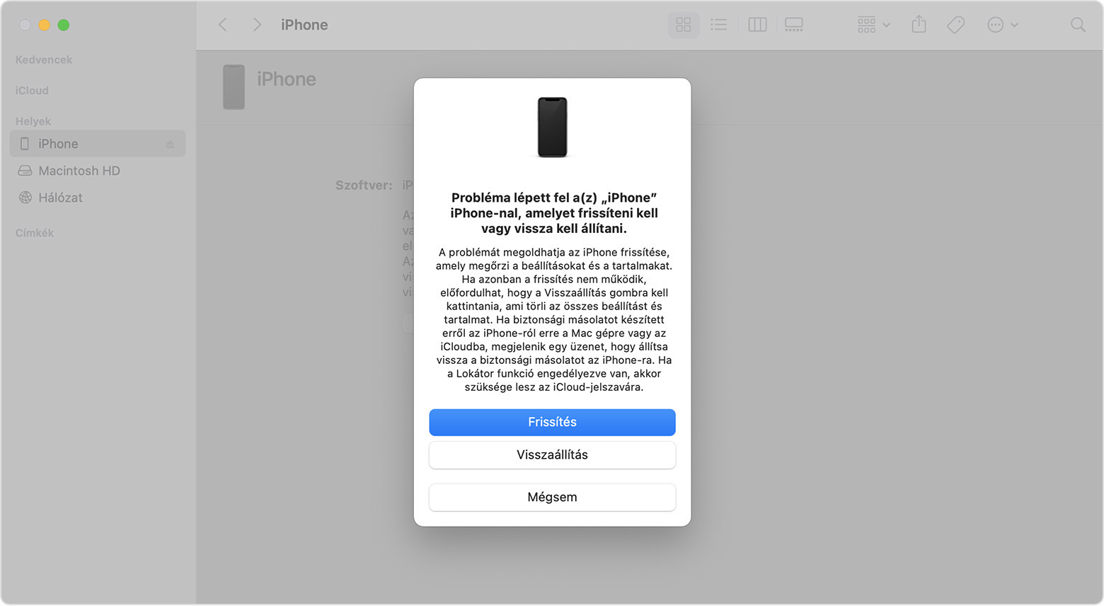 Macen megjelenő Finder ablak, amely az iPhone helyreállításának és frissítésének lehetőségeit mutatja.